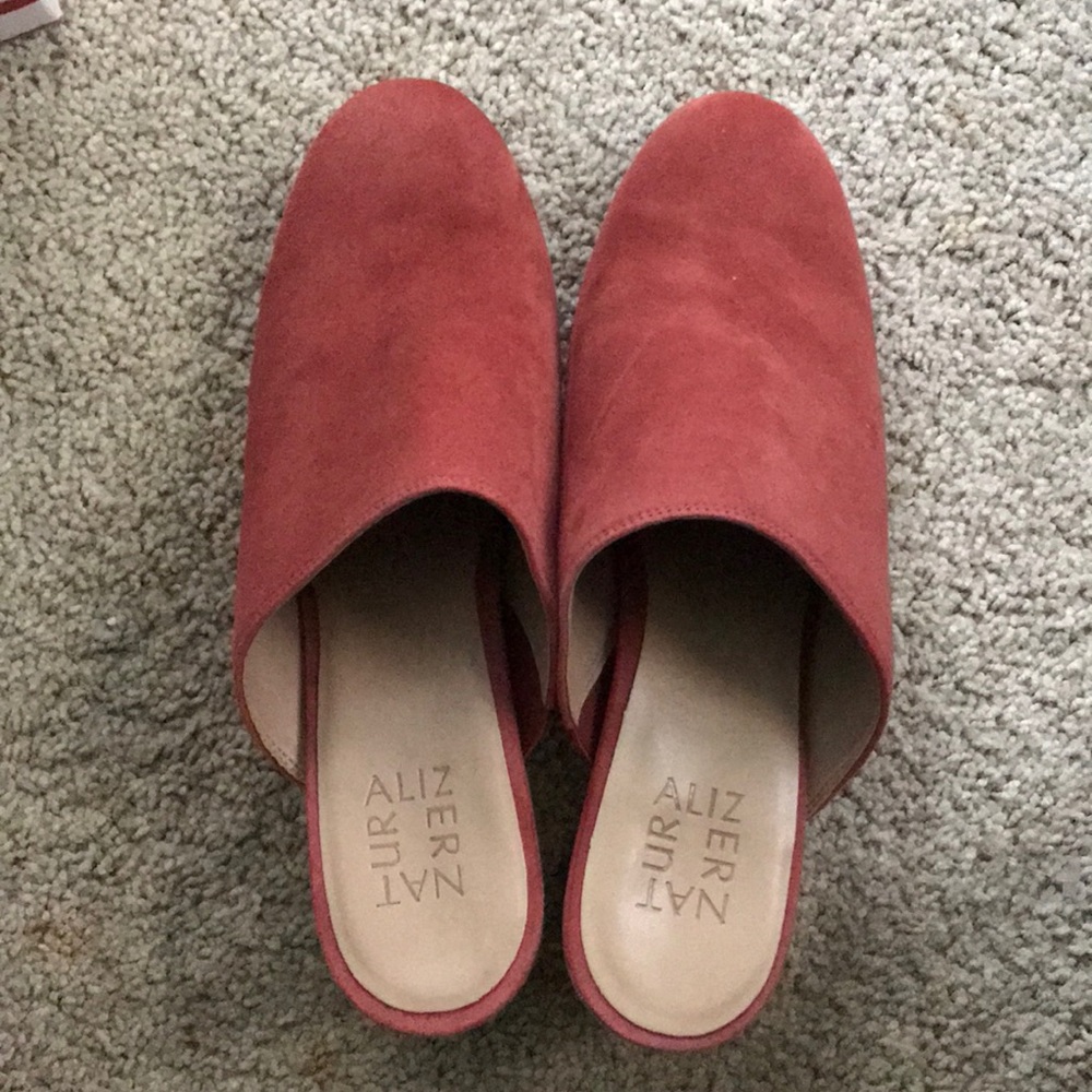Brick red mules with gold heel!!